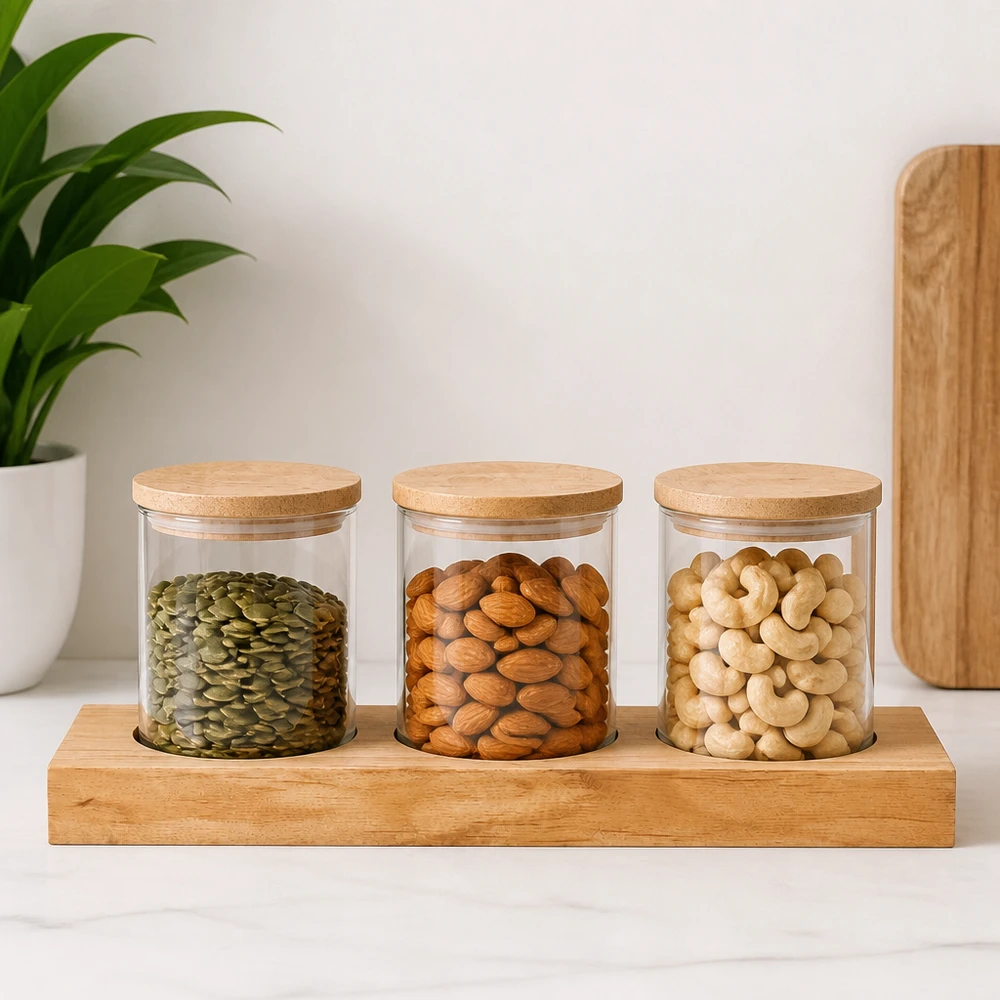 Serveerplank Plano3 voor 3 WECK-glazen Plano3 serveerplank met WECK potten vol noten en zaden - pompoenpitten, amandelen, cashewnoten in een moderne sfeer