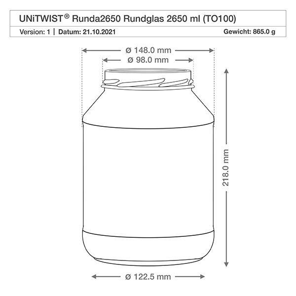 Technische tekening UNiTWIST Runda2650 trommels 2650ml met afmetingen diameter 148mm hoogte 218mm TO100
