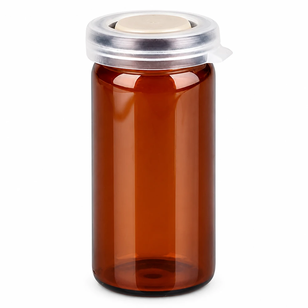 10ml tablettenglas bruin incl. klikdeksel (rolrand glas) Bruin farmaceutisch glas 10 ml met rubberen stop en aluminium deksel voor medicijnen