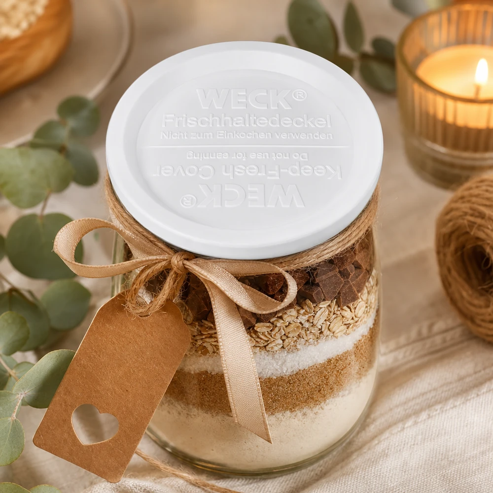 WECK vershoudend deksel RR120 WECK keep-fresh deksel RR120 op bak ingrediënten pot met chocolade havervlokken beige strik decoratie keuken