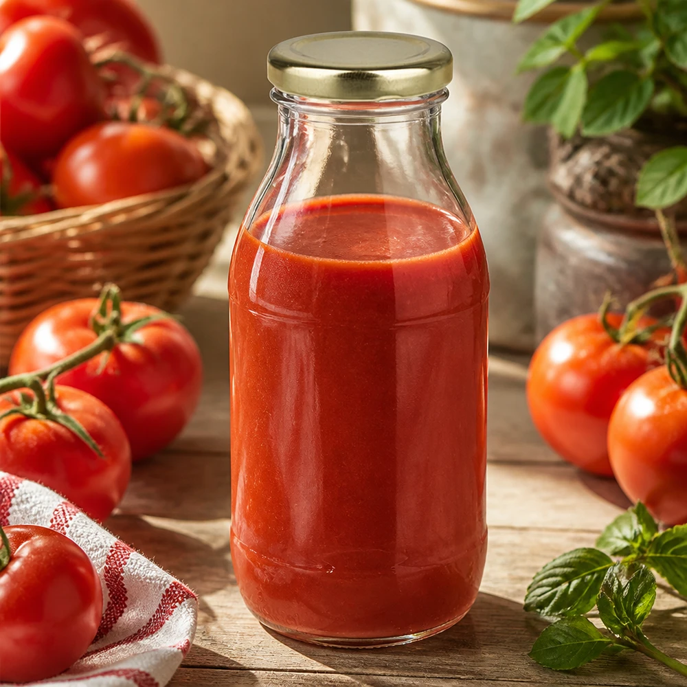 Glazen fles van 250 ml + BasicSeal-deksel goud UNiTWIST Ronde glazen fles van 250 ml met goudgele BasicSeal-dop UNiTWIST voor tomatenproducten