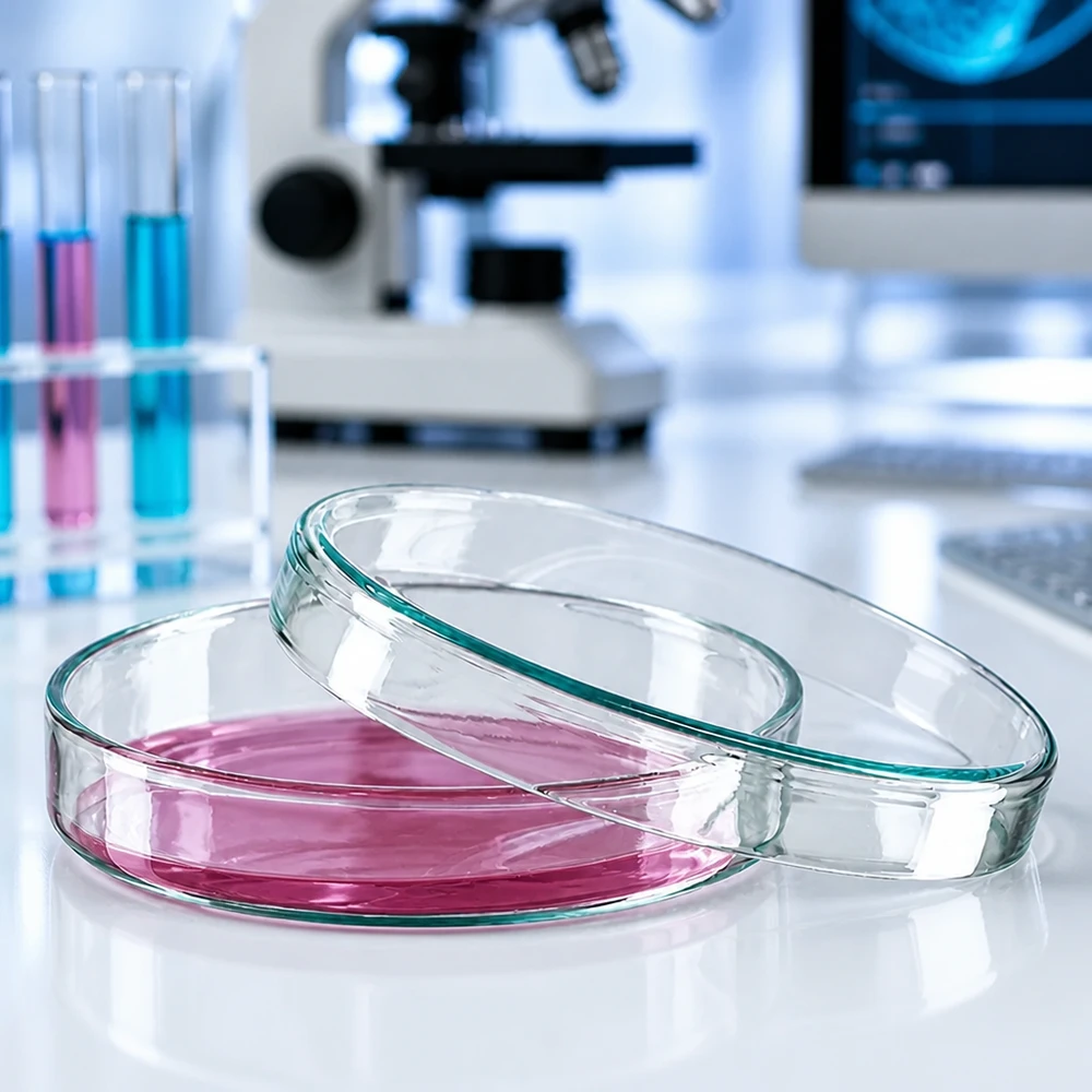 Petrischaal van glas, 100 x 20 mm, met roze Agarmedium voor het kweken van bacteriën