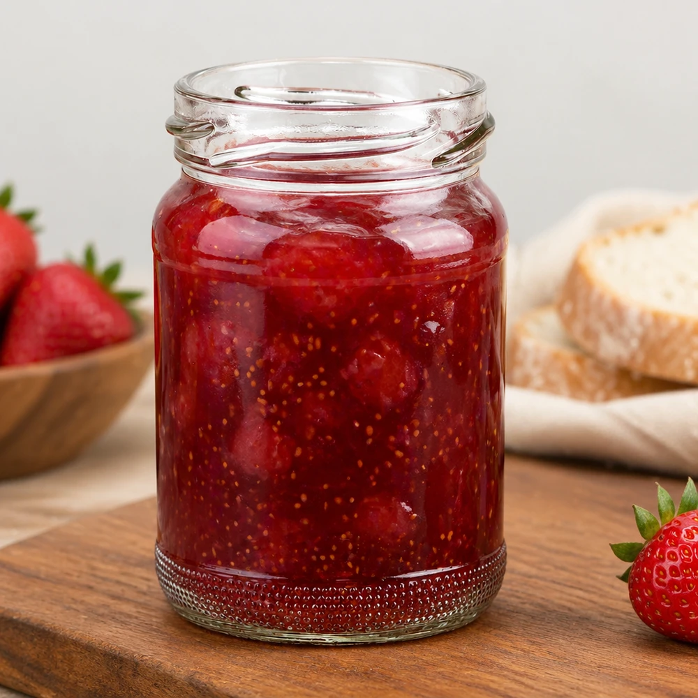 UNiTWIST Runda110 ronde pot 110ml TO48 gevuld met rode aardbeienjam op een houten plank naast verse aardbeien
