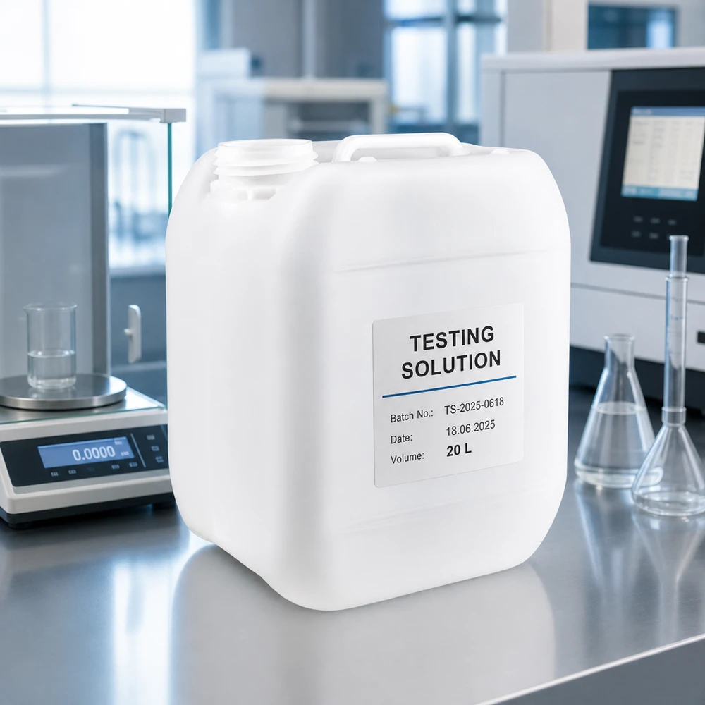 5l jerrycan, UN-toelating, zonder schroefsluiting Gemarkeerde jerrycan van 5 liter zonder sluiting, met vermelding van het inhoudsvolume 20 l op het laboratoriumetiket