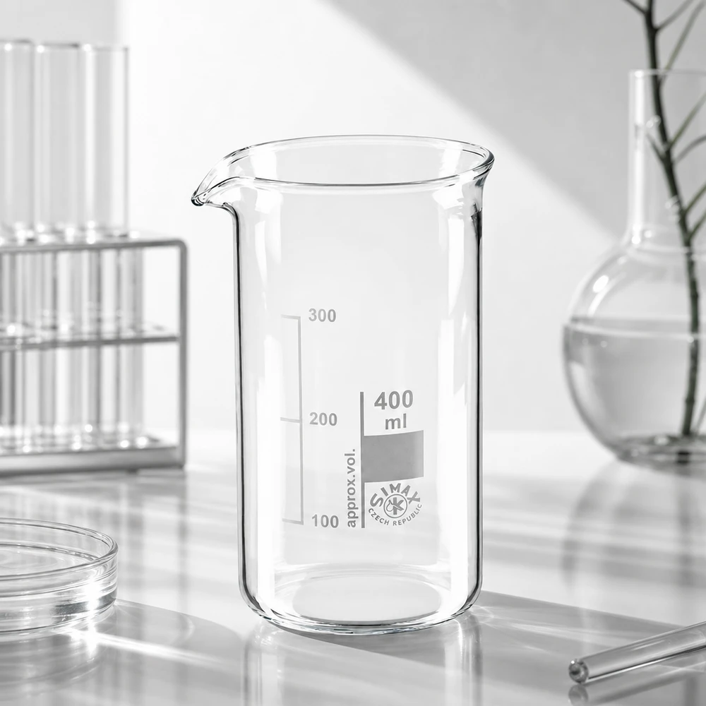 Bekerglas 400 ml van hittebestendig borosilicaatglas (hoog model) Slank bekerglas van 400 ml, hoog model met brede opening en versterkte glazen rand
