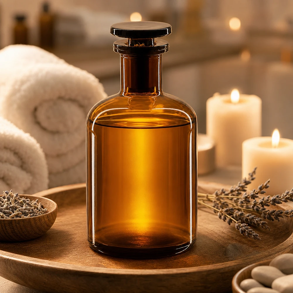 Apothekersfles 100 ml nauwe hals bruin glas incl. glazen stop Vintage apothekersfles 100 ml, bruin glas, smalle hals, stop, spa-sfeer