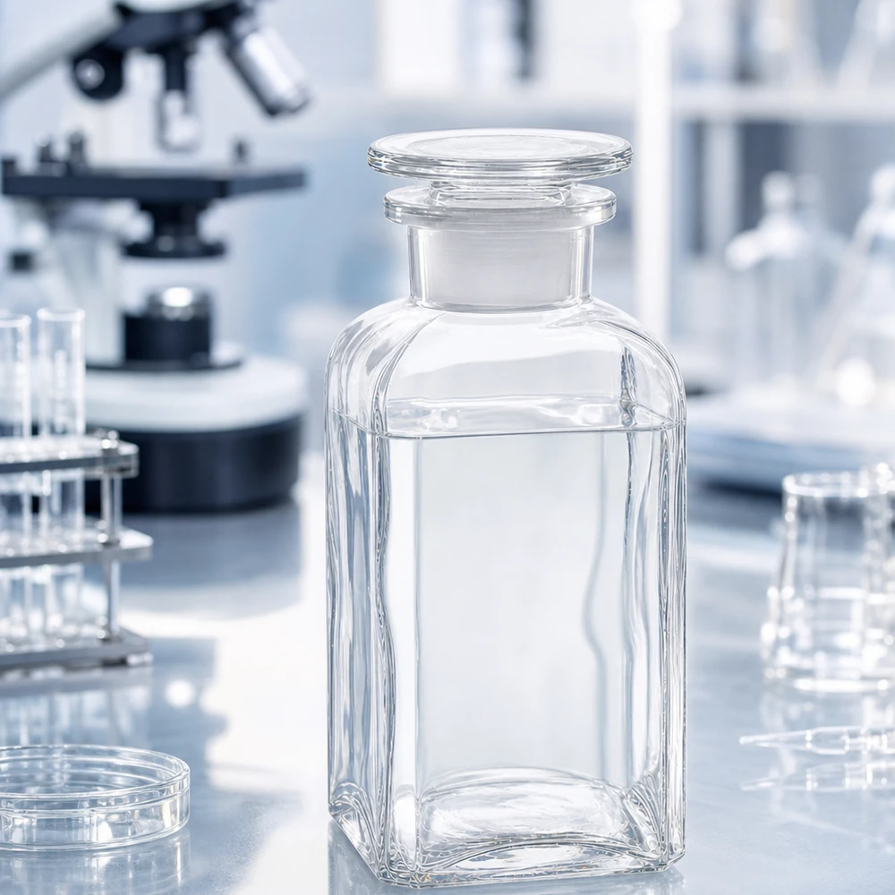Vierkant-apothekersfles 350 ml wijde hals helder glas incl. glazen stop Vierkante glazen fles van 350 ml met brede opening en glazen stop voor vloeistoffen