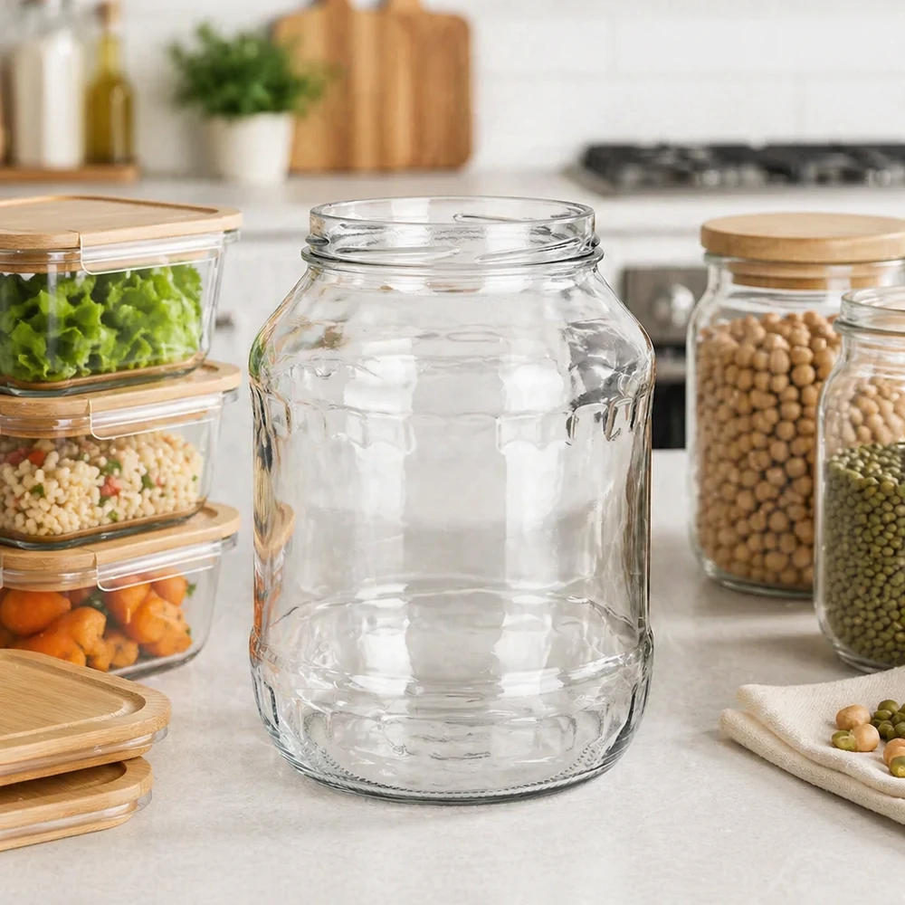 2650ml rond glas zonder deksel (TO100) UNiTWIST Ronde bekers 2650ml UNiTWIST Runda2650 in een moderne keuken tussen voorraadbussen met peulvruchten