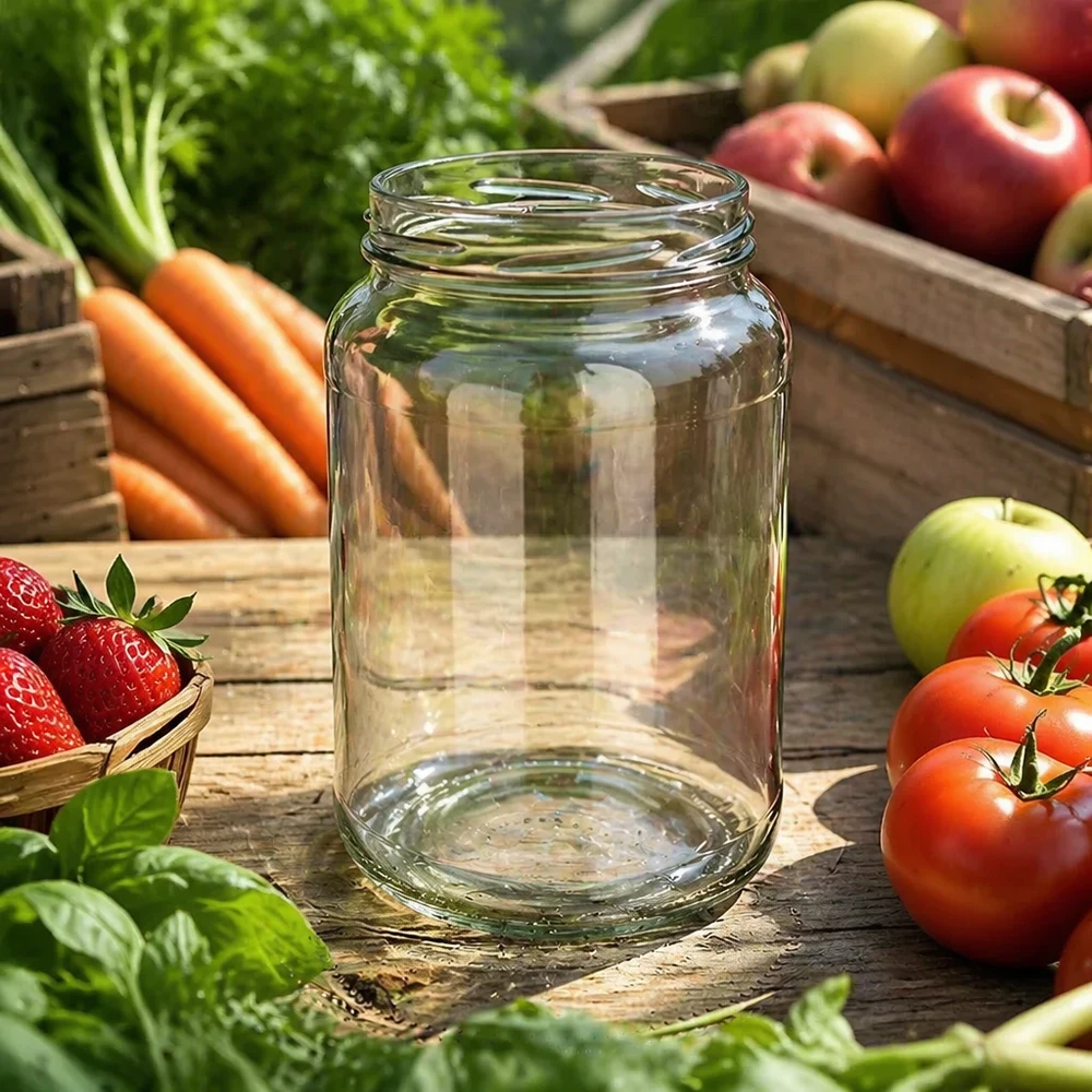 1700ml rond glas zonder deksel (TO100) UNiTWIST UNiTWIST Runda1700 bekers 1700ml TO100 leeg tussen verse groenten fruit houten tafel conserveren natuurlijk