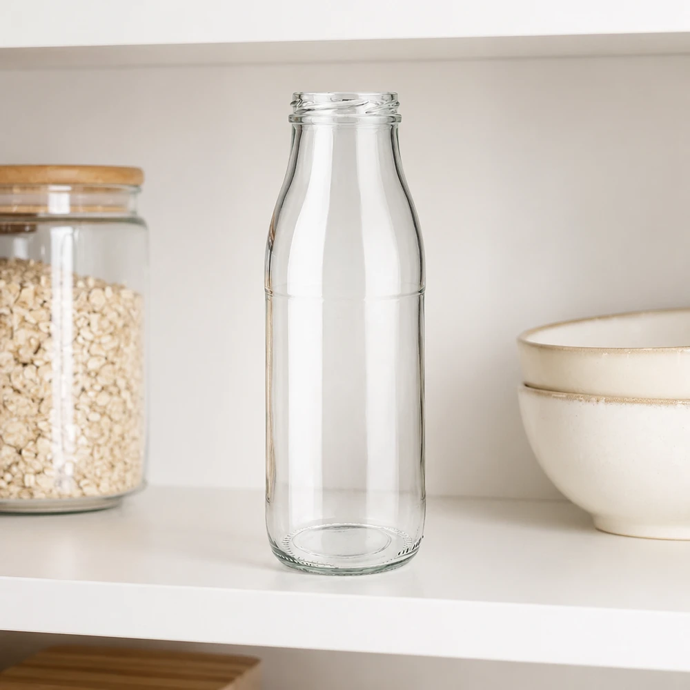500ml glazen fles TO48 UNiTWIST zonder deksel op witte keukenplank naast graankom en voorraadpot
