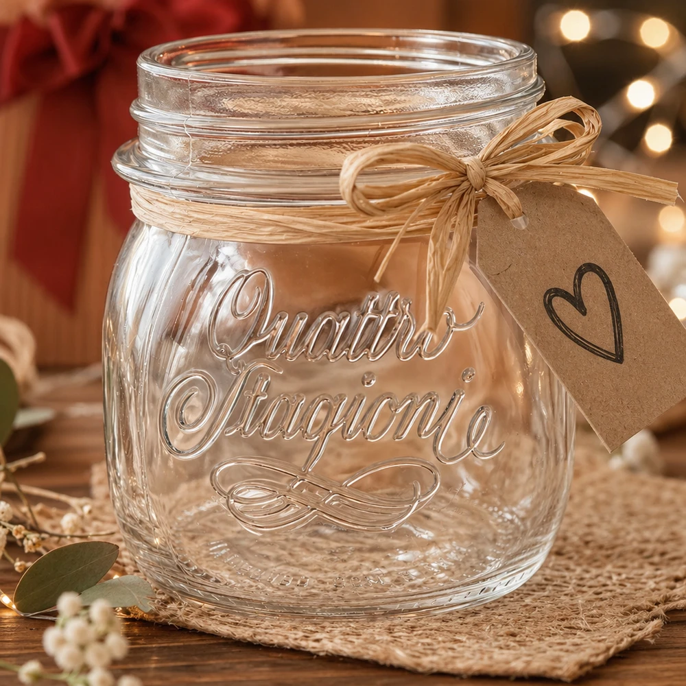 250ml huishoudglas "Quattro Stagioni" 250 ml Quattro Stagioni huishoudpot met lint en hartjeshanger als cadeautip voor de keuken
