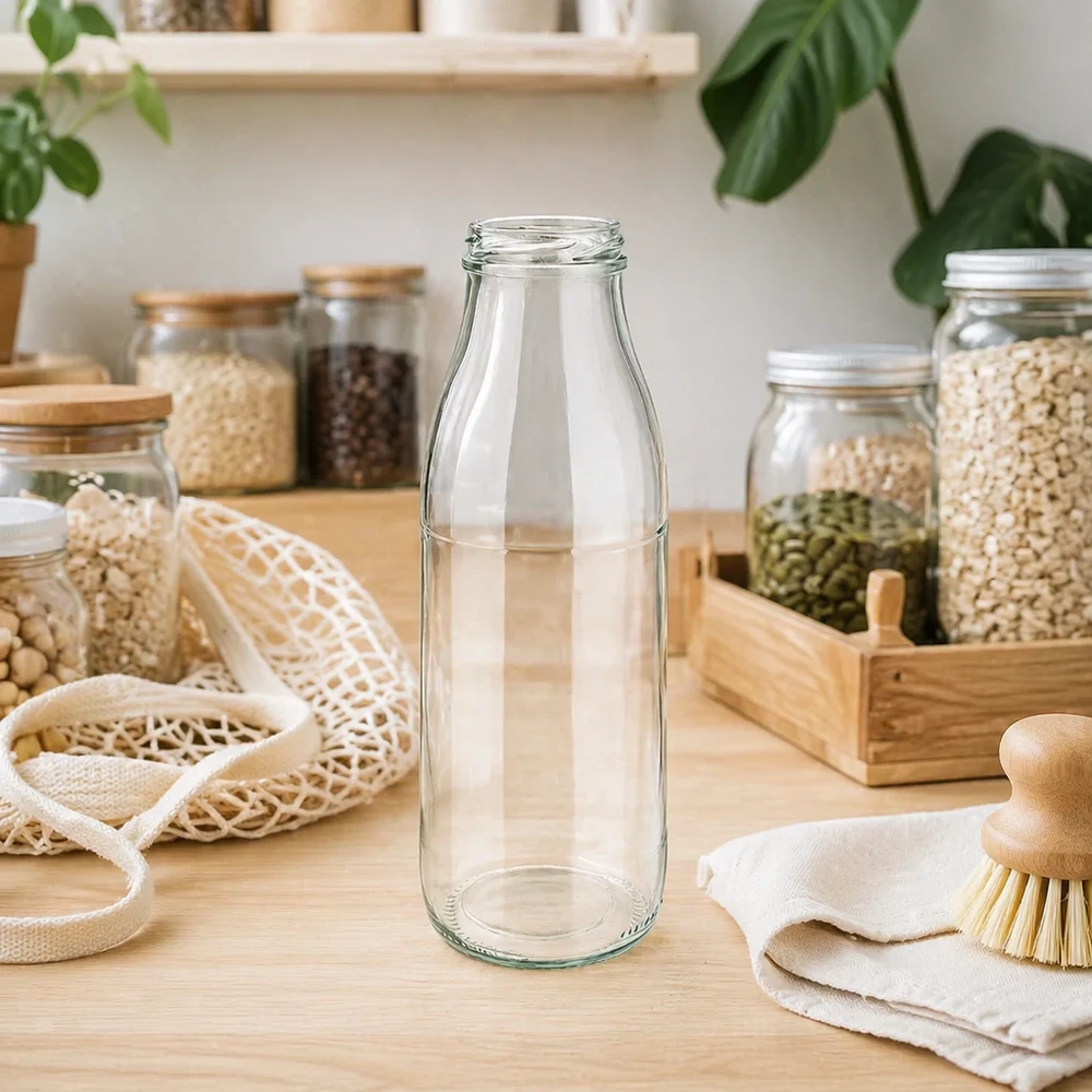 500 ml glazen fles TO48 UNiTWIST leeg in duurzame zero-waste keuken met voorraadpotten en natuurlijke vezels