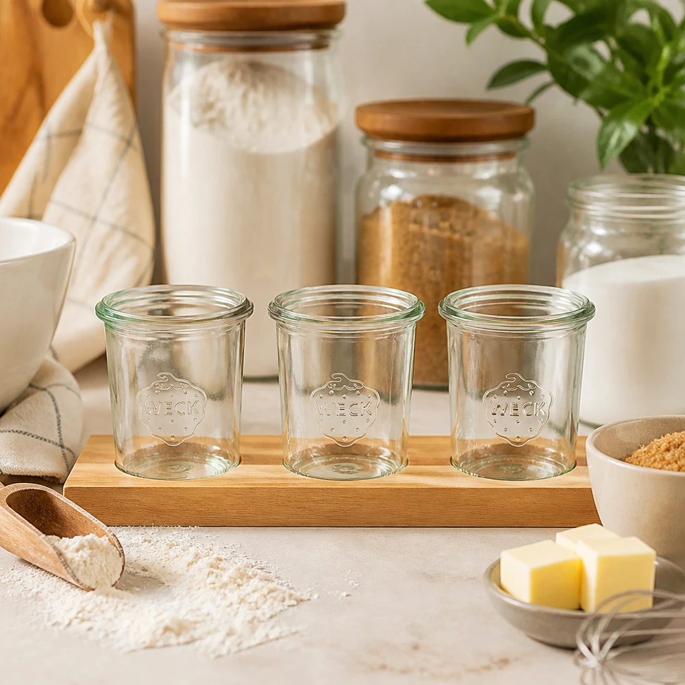 Serveerplank Plano3 met 3 Weck-glazen van 160 ml Weck bekers 160ml leeg op bamboe serveerplank Plano3 in keuken met bakingrediënten bloem en boter