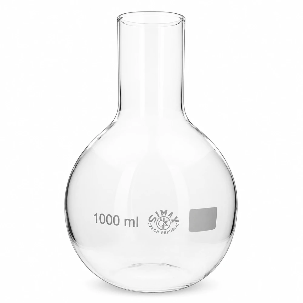 Platbodem kolf 1000ml wijde hals borosilicaat met afgeronde rand Grote rondbodemkolf van 1000 ml met wijde hals voor professioneel laboratoriumwerk
