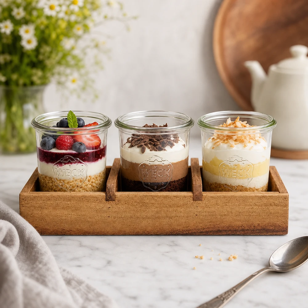 Serveerplank van acaciahout Box3 met drie WECK potten dessert yoghurt bessen chocolade kokos keukenpresentatie