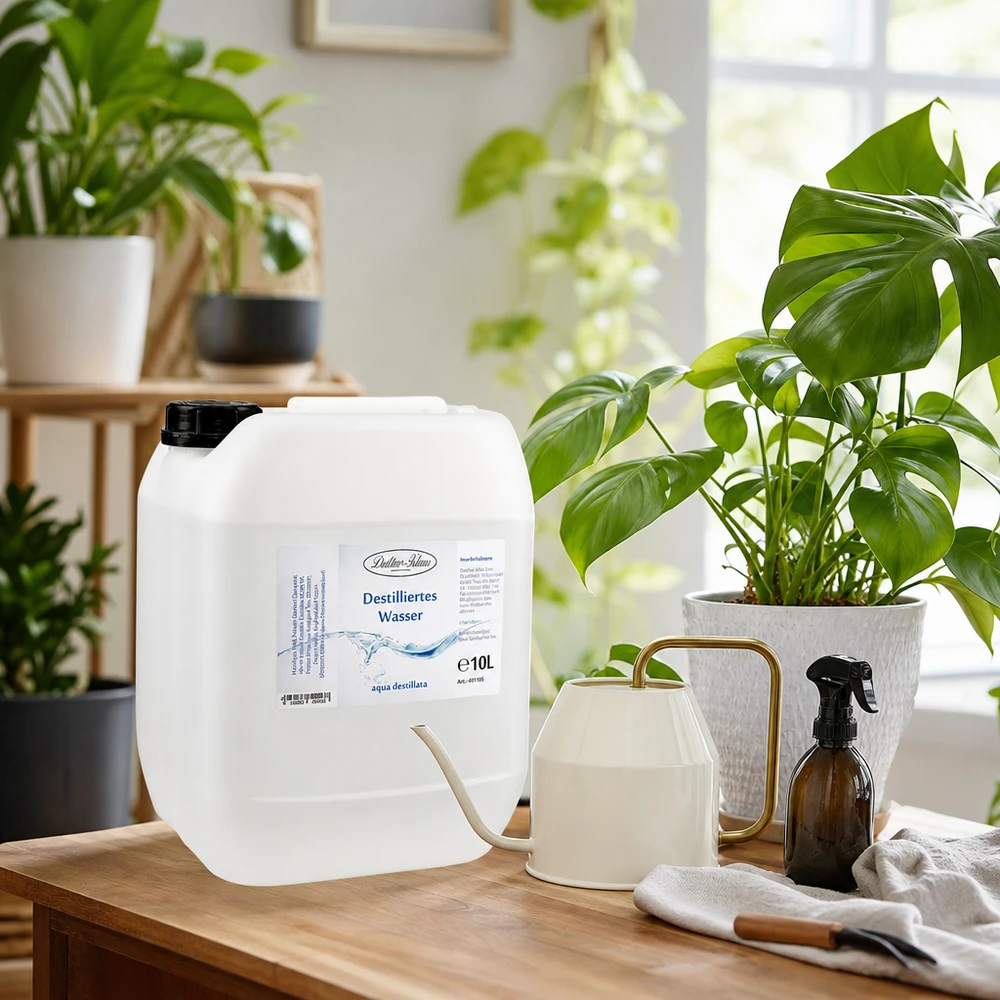 10 liter gedestilleerd water - Aqua dest in blanke premium jerrycan van Doktor Klaus Gedestilleerd water Doktor-Klaus 10L voor kamerplanten en huishoudelijke verzorging in de woonkamer