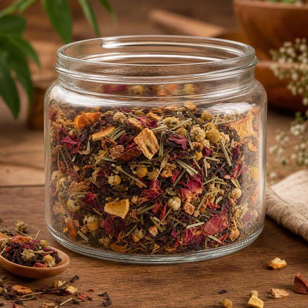 Glazen pot 250ml helder glas, zonder sluiting Heldere glazen pot 250ml gevuld met kleurrijke kruidenthee melange gedroogde bloemen kruiden opslag