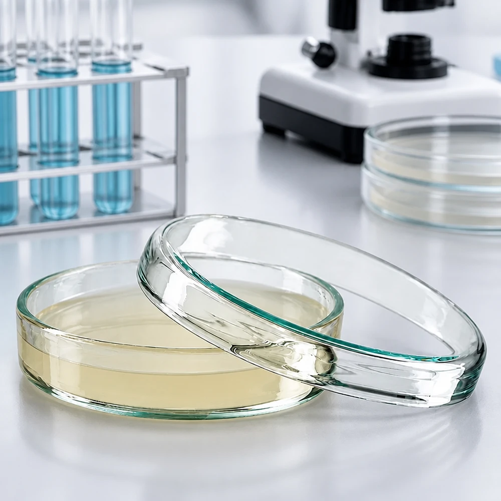 Glazen petrischaal van 70 x 15 mm, gevuld met lichtgele agar voor het kweken van microbiële culturen