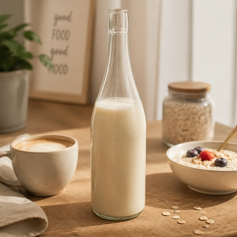 750ml UNiTWIST glazen fles gevuld met havermelk naast koffiekopje schaaltje ontbijttafel lifestyle tafereel