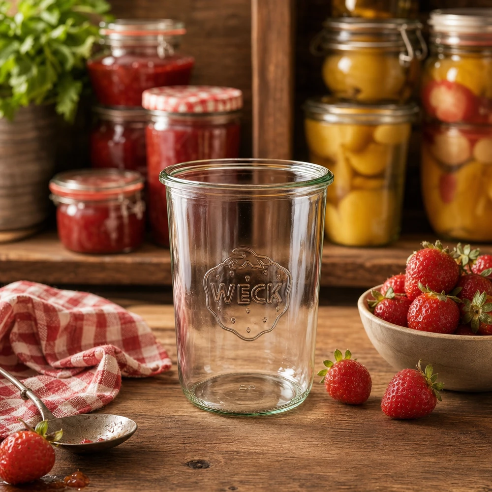 850ml stortglas WECK RR100 850ml WECK RR100 mason jar transparant met logo op houten tafel naast verse aardbeien en jampotten