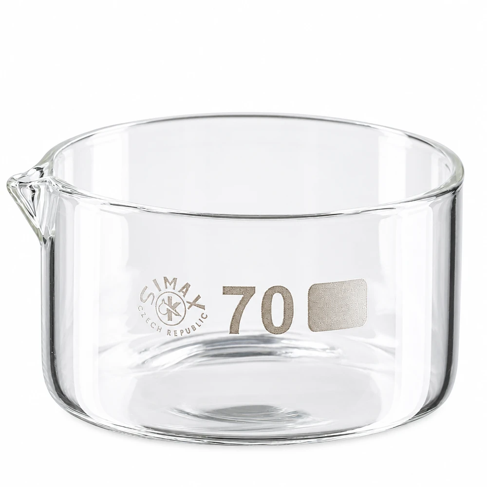 Kristalliseerschaal 100ml met schenktuit Simax-kristallisatieschaal 100 ml, plat model met uitgietmond voor chemische toepassingen