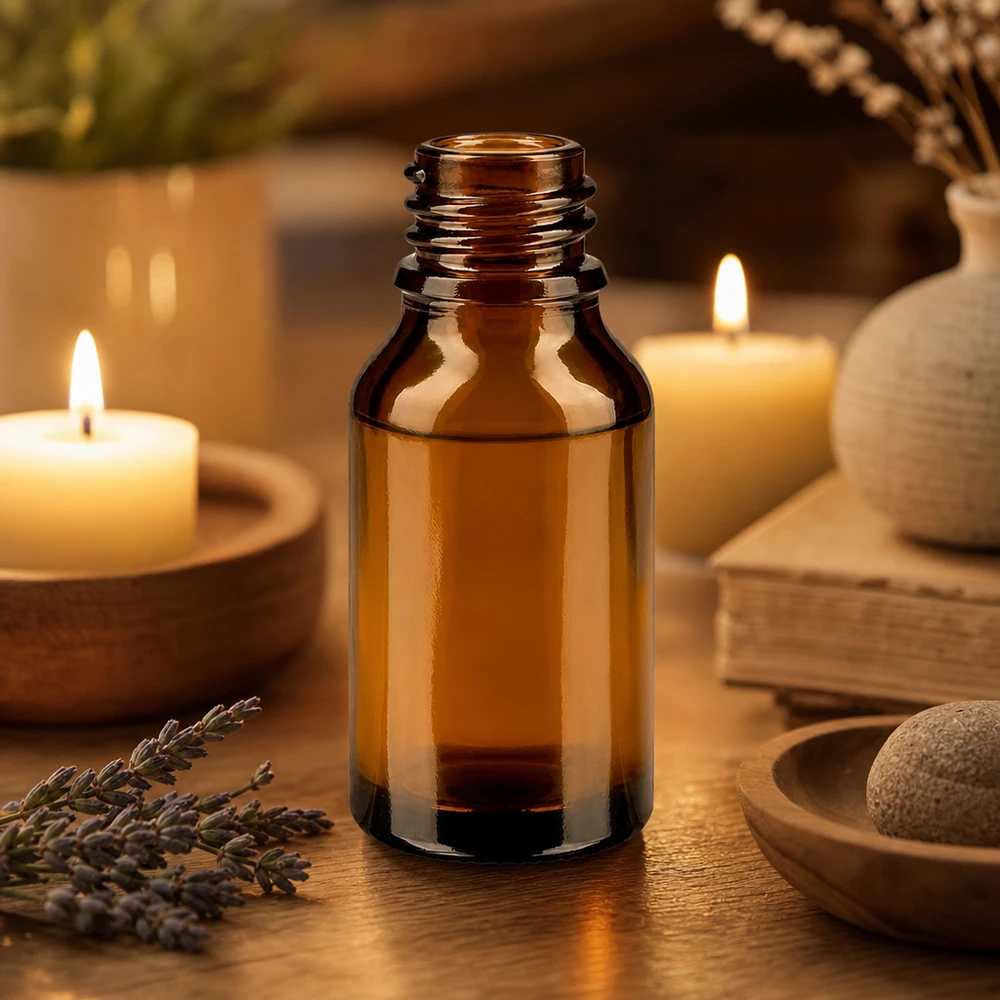 Bruine glazen fles 15ml 15 ml bruin ApoGlas apothekersflesje bij warm kaarslicht met lavendeltakjes en spa-accessoires op een houten ondergrond