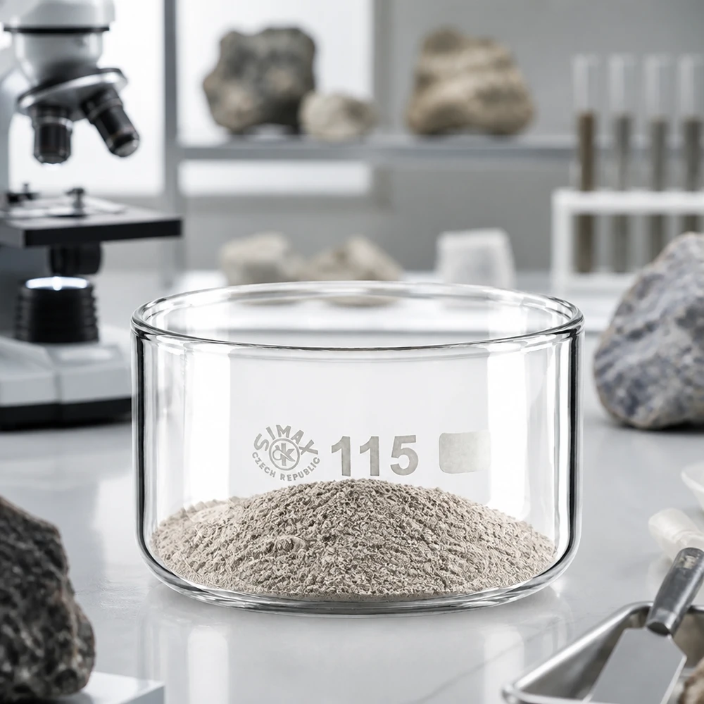 Kristalliseerschaal 500ml zonder schenktuit SIMAX-kristallisatieschaal Bo115 gevuld met mineraalpoeder naast een microscoop in het laboratorium