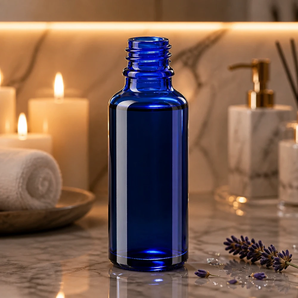ApoGlas-flesje van 30 ml in diepblauw, lichtbeschermend voor gevoelige vloeistoffen