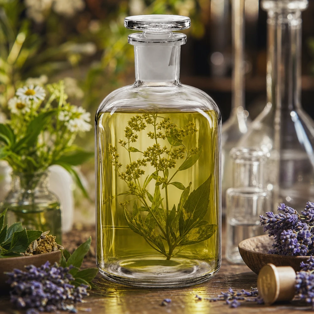 Apothekersfles 500 ml nauwe hals helder glas incl. glazen stop Doorzichtige glazen fles met smalle hals, 500 ml, ronde schouders en stop, voor geneeskrachtige kruiden en plantenextracten