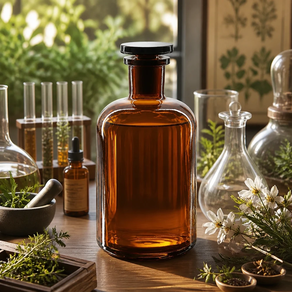 Apothekersfles 500 ml nauwe hals bruin glas incl. glazen stop Bruine glazen fles van 500 ml met smalle hals en glazen stop voor natuurgeneeskunde