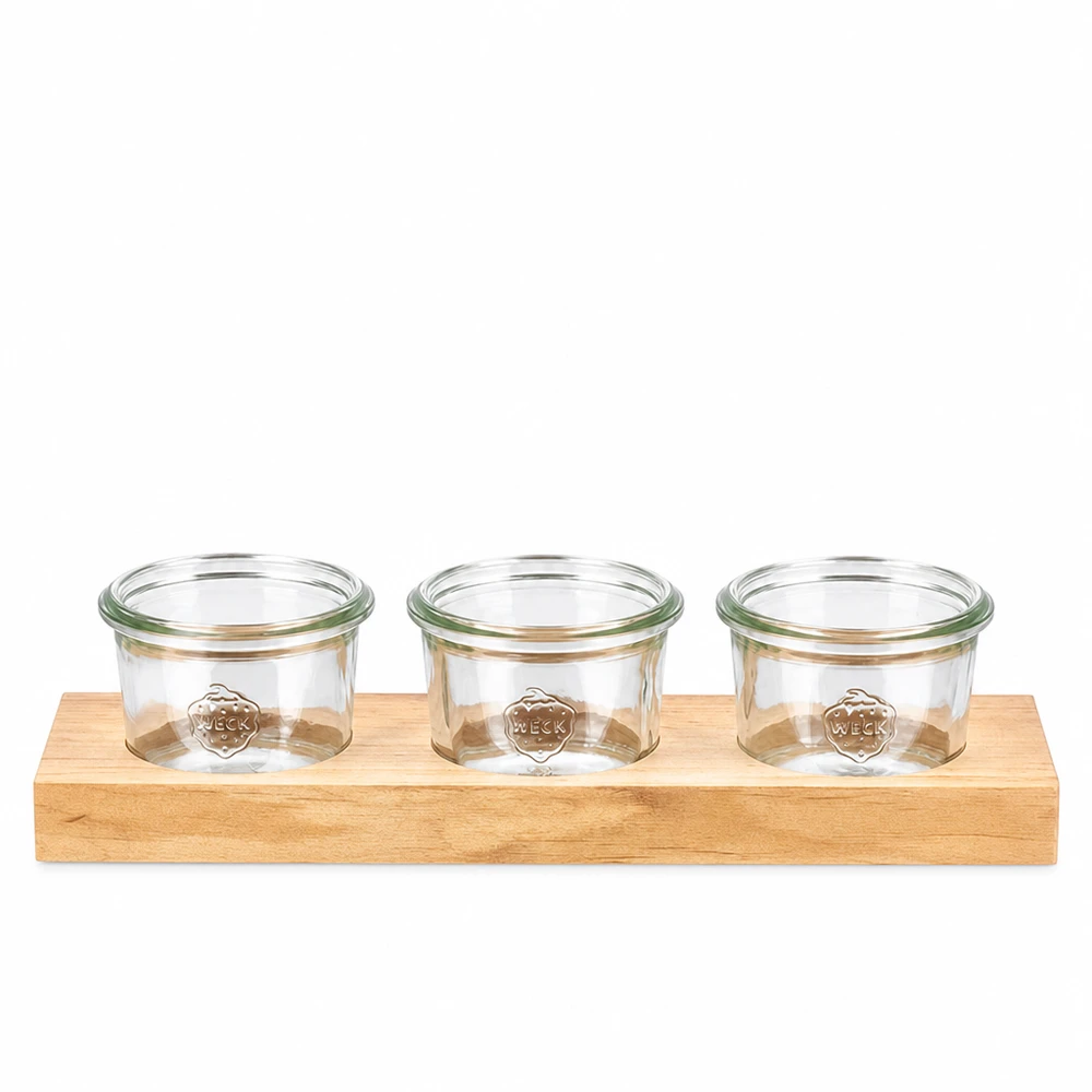 Plano3 houten serveerplank met 3 Weck 80ml bekers voor dipsausjes, specerijen en snacks