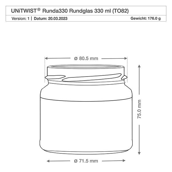 UNiTWIST Runda330 rond glas 330ml TO82 technische tekening met afmetingen diameter 71,5mm hoogte 75mm gewicht 176g