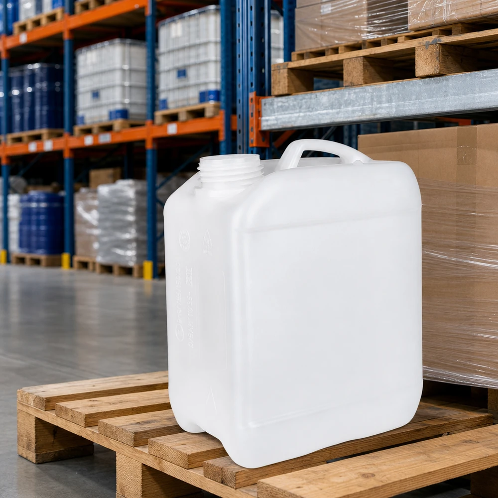 Compacte jerrycan van 2,5 liter zonder deksel op een pallet, met daarachter gestapelde industriële vaten