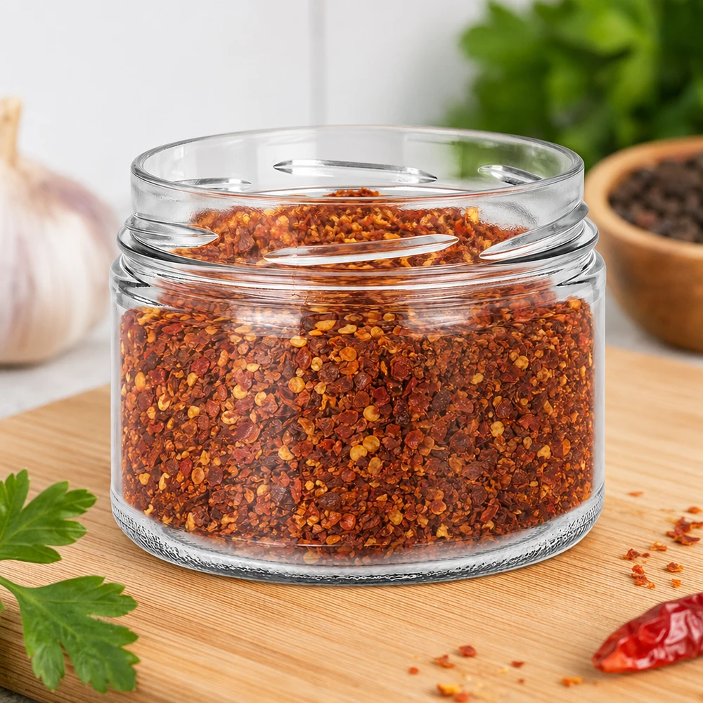 UNiTWIST Runda540 tuimelschalen 540ml TO100 gevuld met chilikruidenmix paprikavlokken keukenplank kruiden bewaren