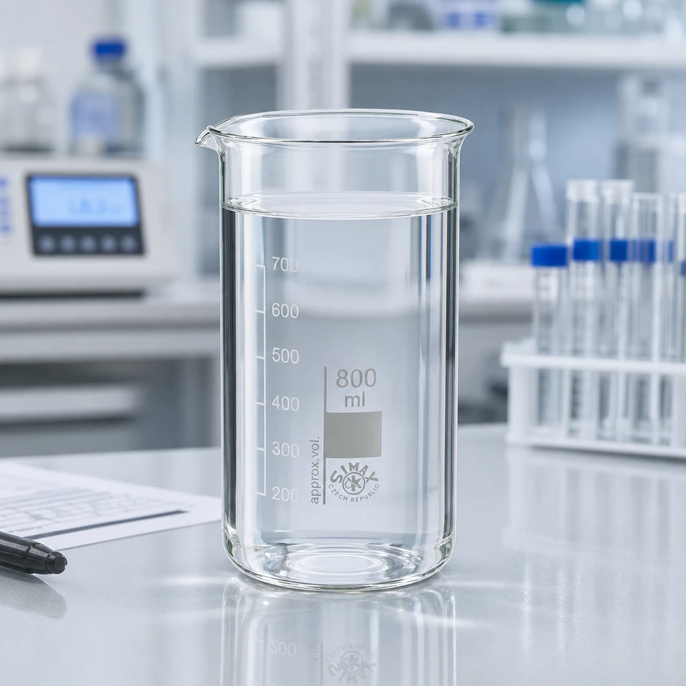 Bekerglas 800 ml van hittebestendig borosilicaatglas (hoog model) Hoog bekerglas van 800 ml met schenktuit en gestempelde inhoudsaanduiding, afkomstig uit Tsjechië