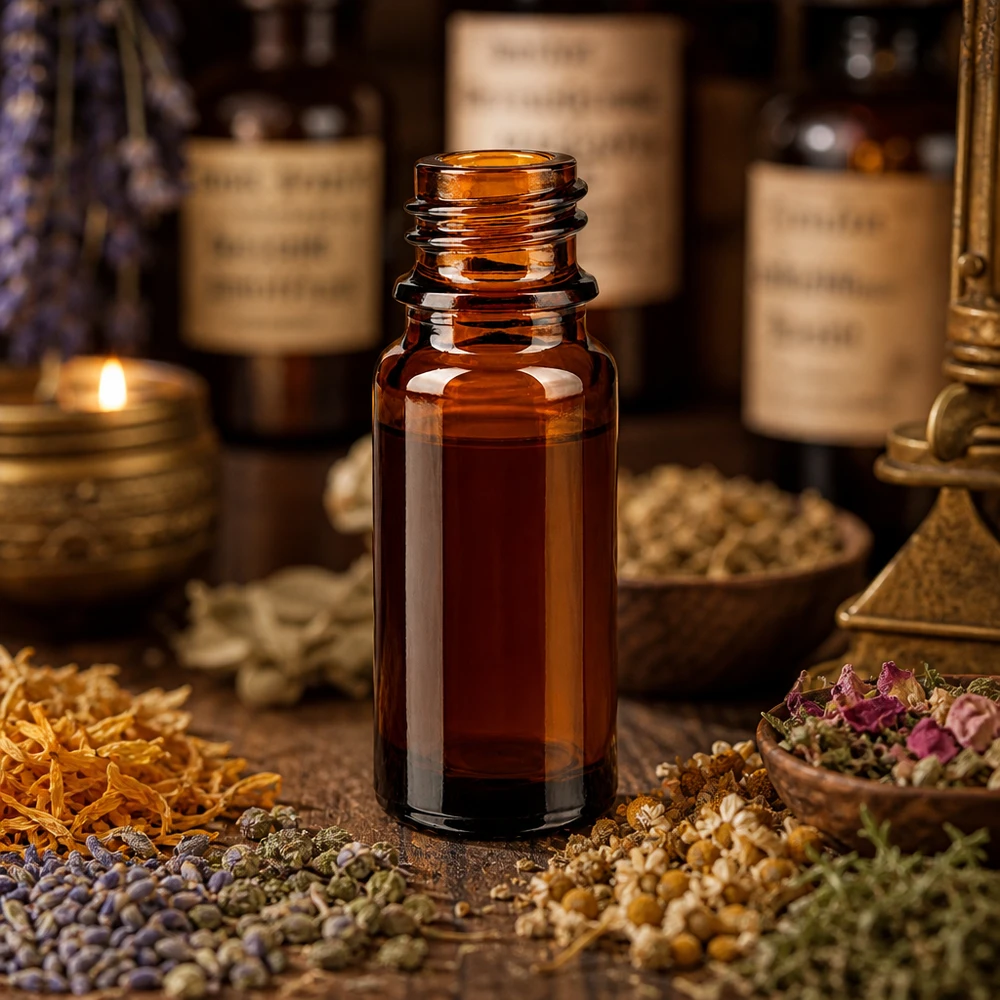 Bruine glazen fles 10ml 10ml bruin apothekersflesje ApoGlas tussen gedroogde kruiden en specerijen in traditionele apotheek