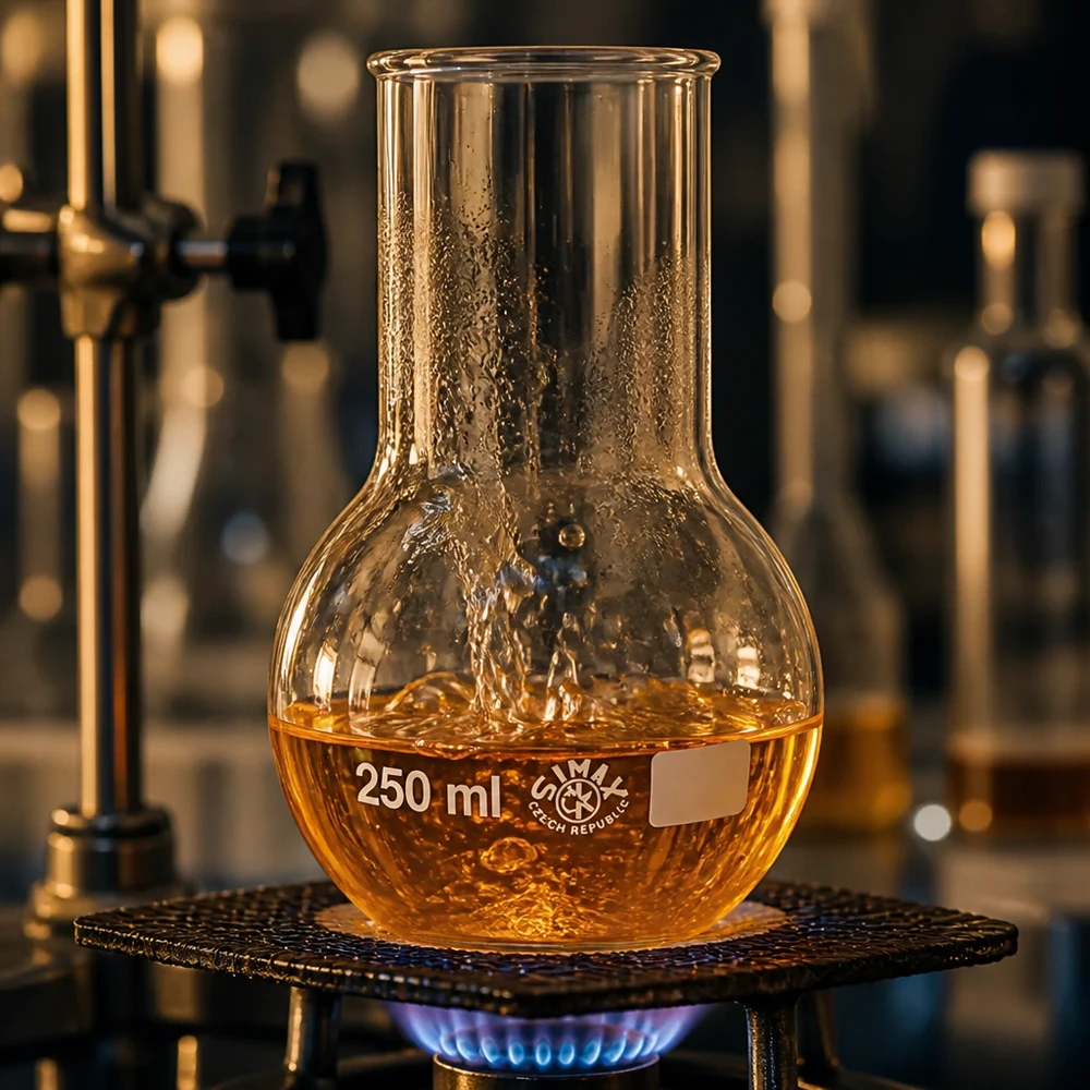 Platbodem kolf 250ml wijde hals borosilicaat met afgeronde rand Destillatiekolf 250 ml met wijde hals met oranjekleurige oplossing bij gecontroleerde temperatuur