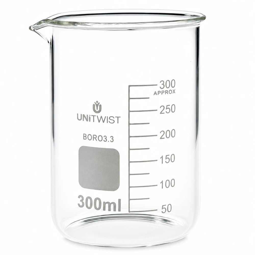 Beker 300ml borosilicaat, lage vorm UNiTWIST UNiTWIST laboratoriumbeker van 300 ml, laag model, met schrijfveld en nauwkeurige schaalverdeling