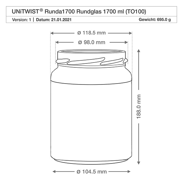UNiTWIST Runda1700 trommels 1700ml TO100 technische tekening Afmetingen Afmetingen 118,5mm diameter 188mm hoogte