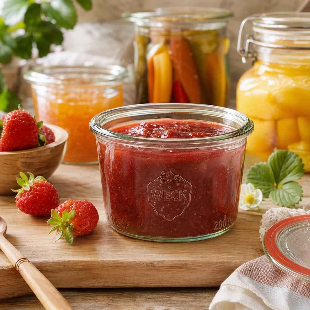 WECK RR80-pot van 200 ml 200 ml WECK RR80 mason jar gevuld met aardbeienjam op een houten plank naast verse aardbeien en inmaakpotten