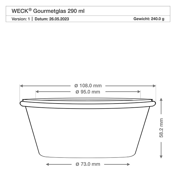 Technische tekening WECK Gourmetpot 290ml RR100 met afmetingen Diameter 108mm Hoogte 58mm Gewicht 240g