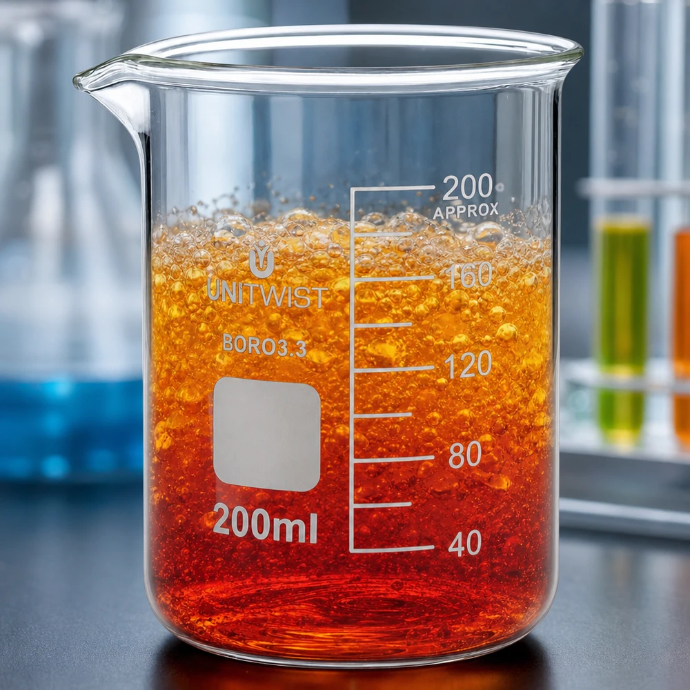 UNiTWIST 200 ml borosilicaatglasbeker met reactieve vloeistof naast reageerbuisjes