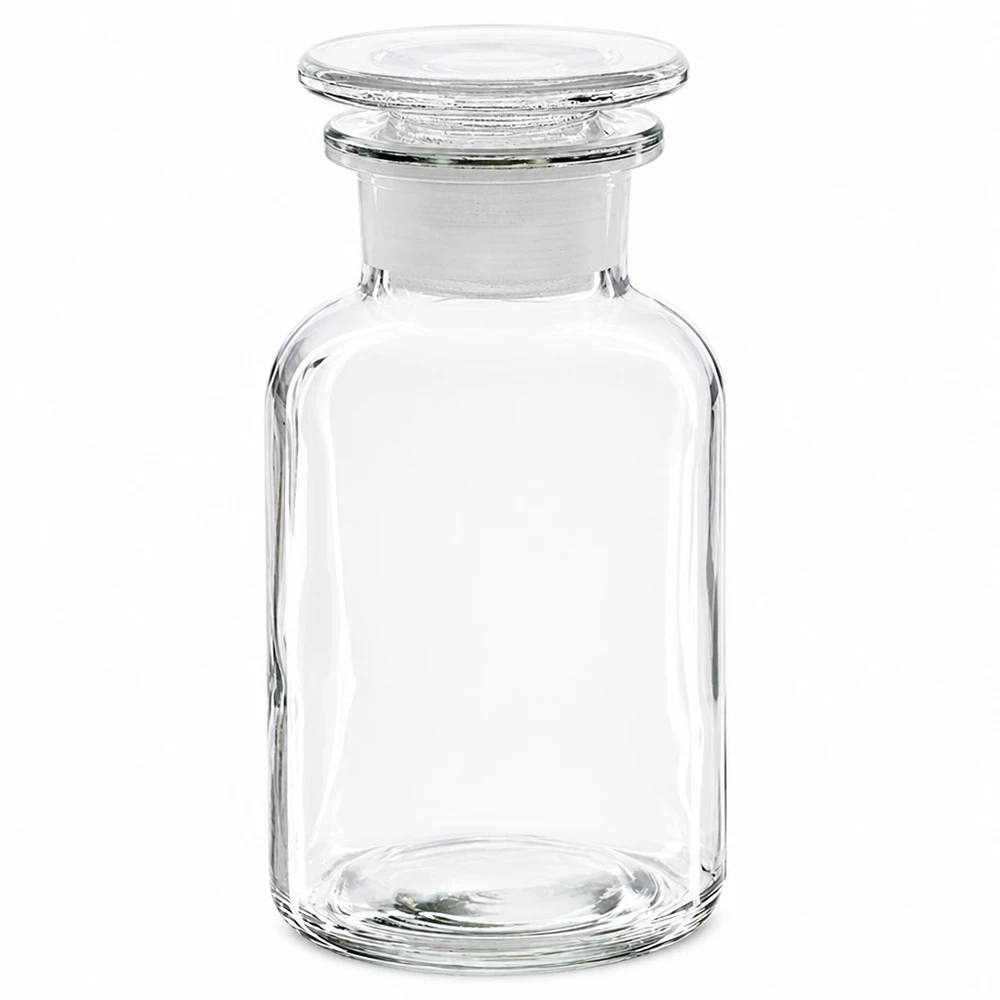 Apothekersfles 250 ml wijde hals helder glas incl. glazen stop Fles met brede hals, 250 ml, helder glas met glazen stop, ideaal voor het bewaren van stoffen