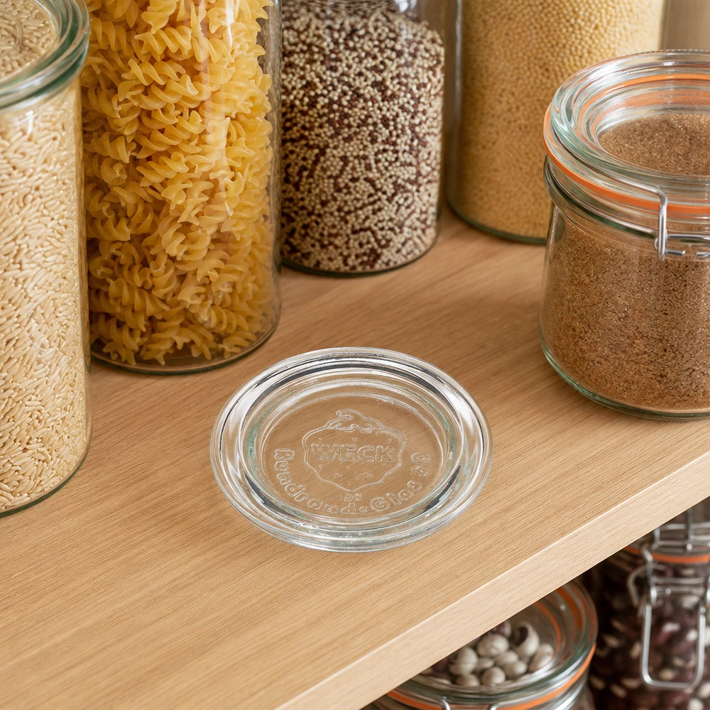 WECK glazen deksel RR60 WECK glazen deksel RR60 op een houten plank tussen voorraadpotten met pasta quinoa en kruiden in een moderne keuken