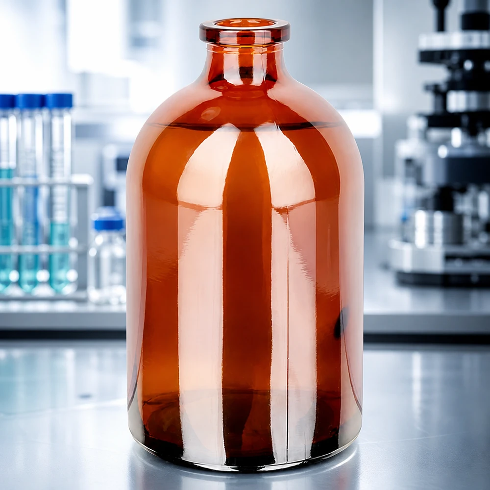 Injectiefles bruin glas 100ml Injektionsflasche 100ml Braunglas mit bauchiger Korpusform und engem Rollrandhals ohne Verschluss
