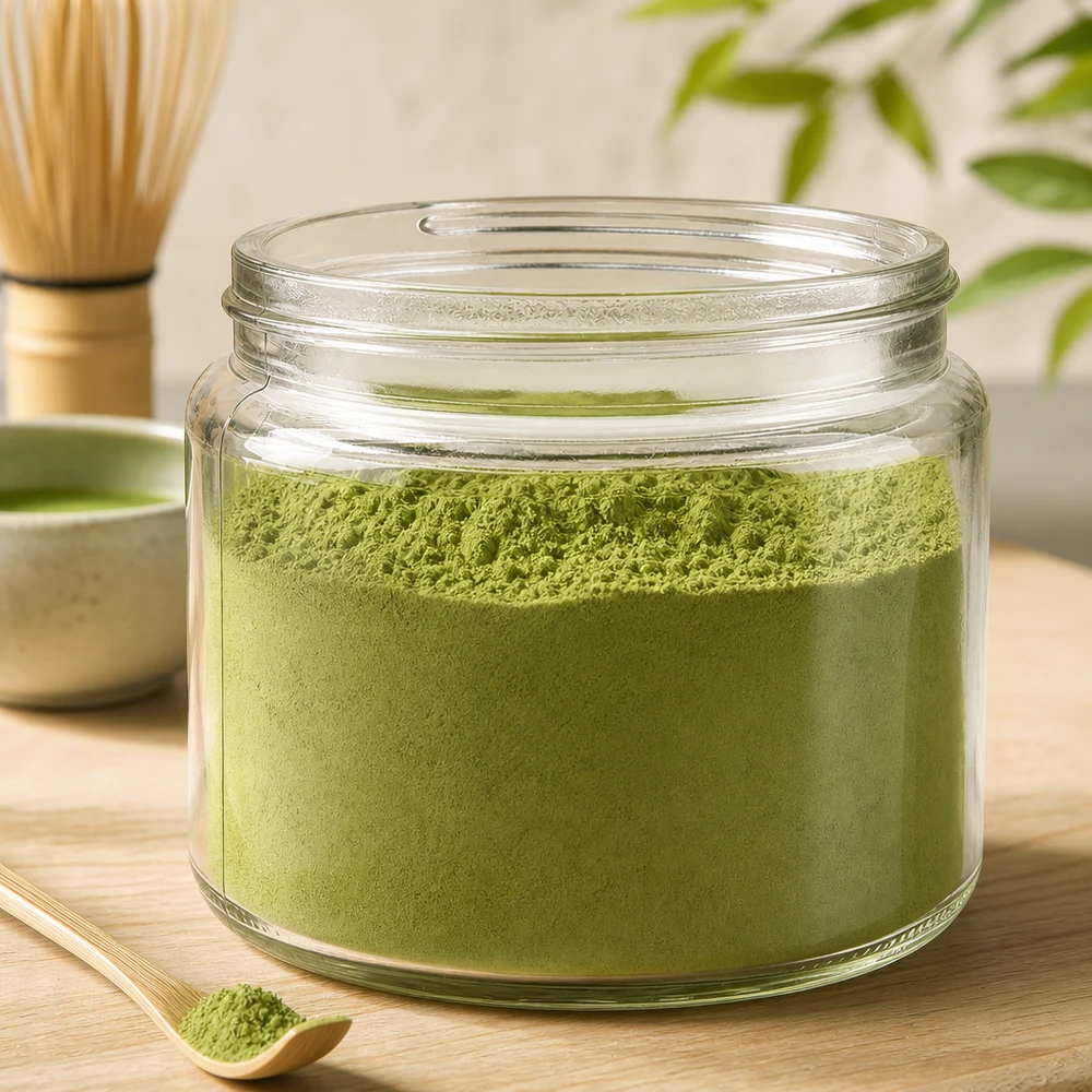 Glazen pot 250ml helder glas, zonder sluiting Glazen pot 250ml helder gevuld met groen matcha poeder naast bamboe garde op houten tafel Theebereiding
