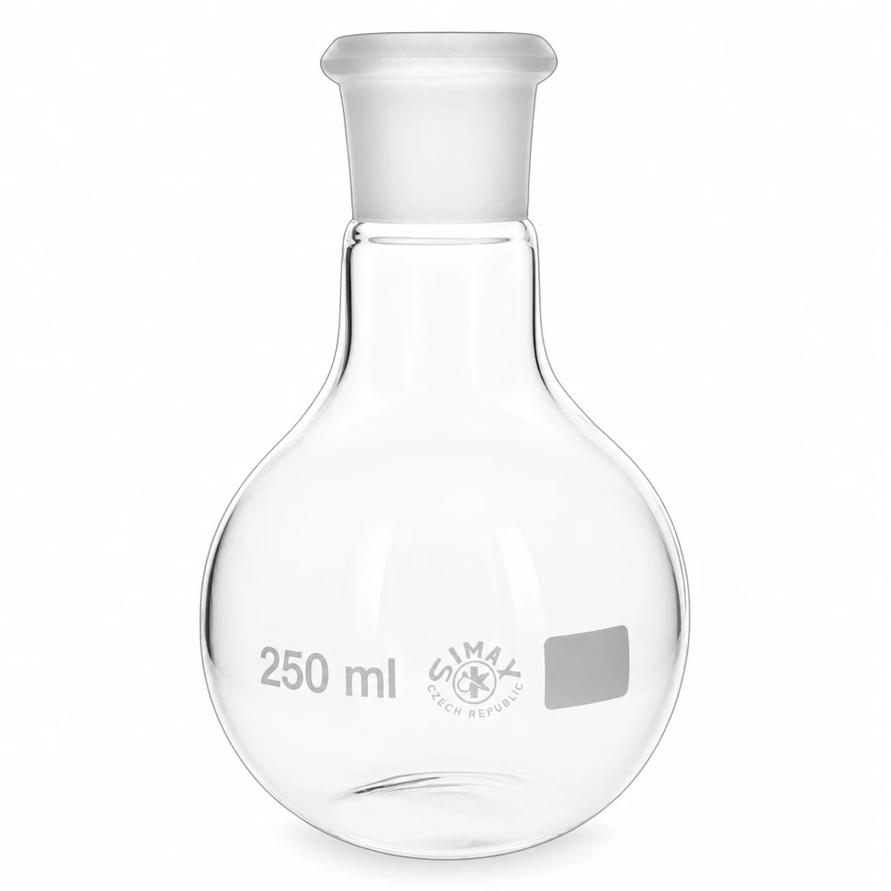 Platbodem kolf 250ml wijde hals borosilicaat met slijpstuk 29/32 Distilleerkolf 250ml van helder borosilicaatglas met gestandaardiseerde geslepen verbinding