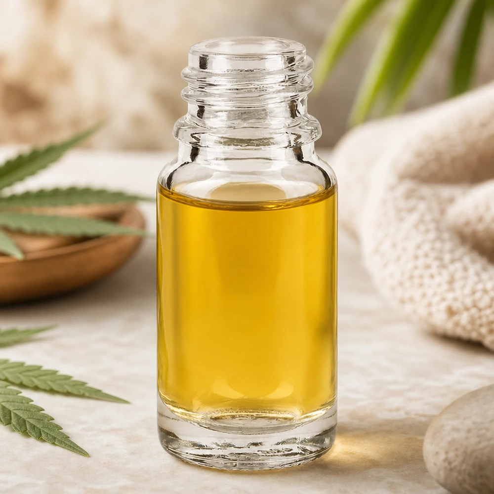 10ml apothekersfles ClearLine DIN18 UNiTWIST Doorzichtige apothekersfles van 10 ml ClearLine DIN18 met gele CBD-olie tegen een natuurlijke achtergrond