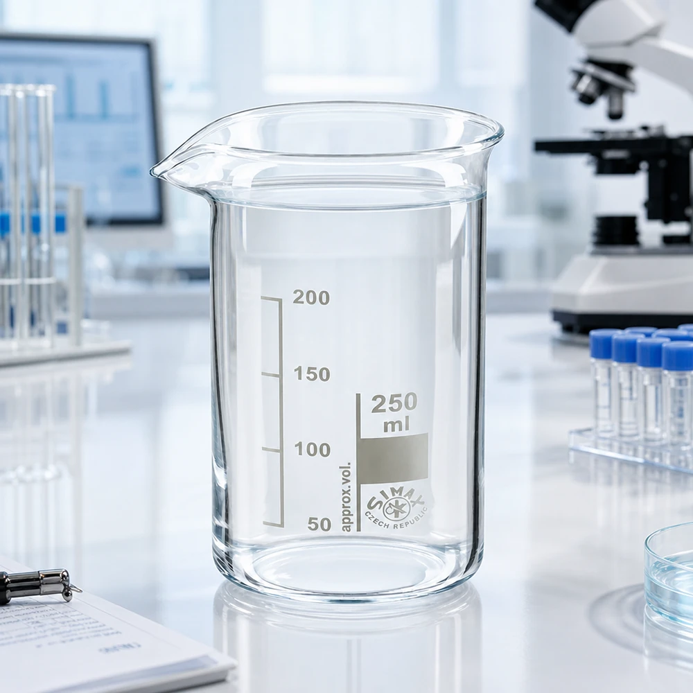 Bekerglas 250 ml van hittebestendig borosilicaatglas (hoog model) Maatbeker van 250 ml, hoog model, van borosilicaatglas, met opgedrukte ml-schaalverdeling voor nauwkeurig doseren