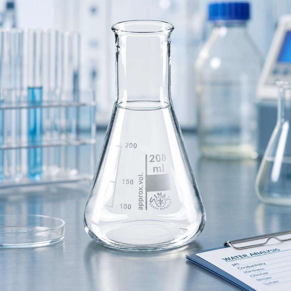 Erlenmeyer 200ml nauwe hals borosilicaat met afgeronde rand Erlenmeyer 200ml nauwe hals borosilicaat met afgeronde rand